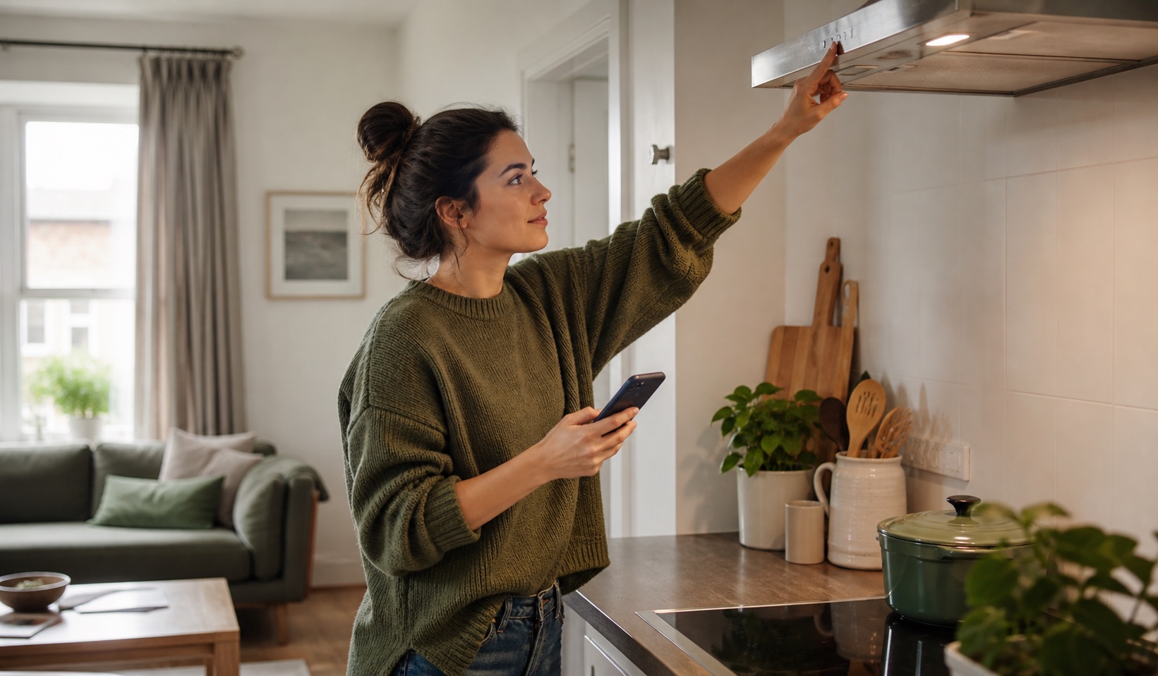 A resident using practical EnvIQ guidance while switching on a kitchen extractor fan